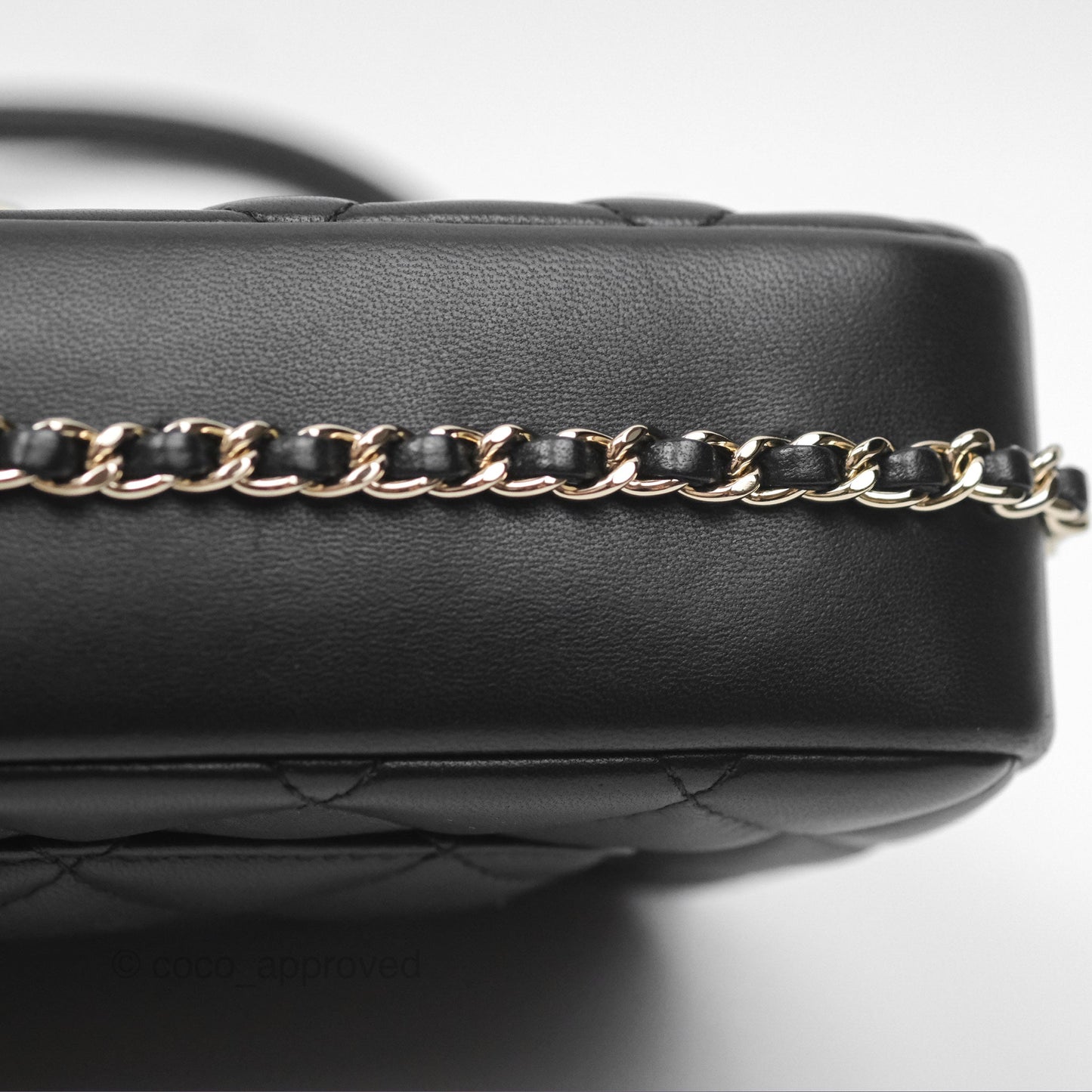 Chanel Logo Pearl Chain Flap Bag Black Lambskin Gold Hardware