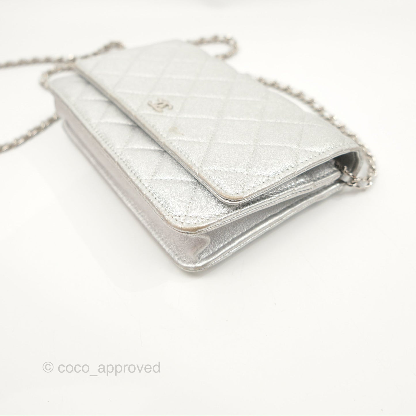 Chanel Quilted Wallet on Chain WOC Iridescent Silver Grained Lambskin Silver Hardware