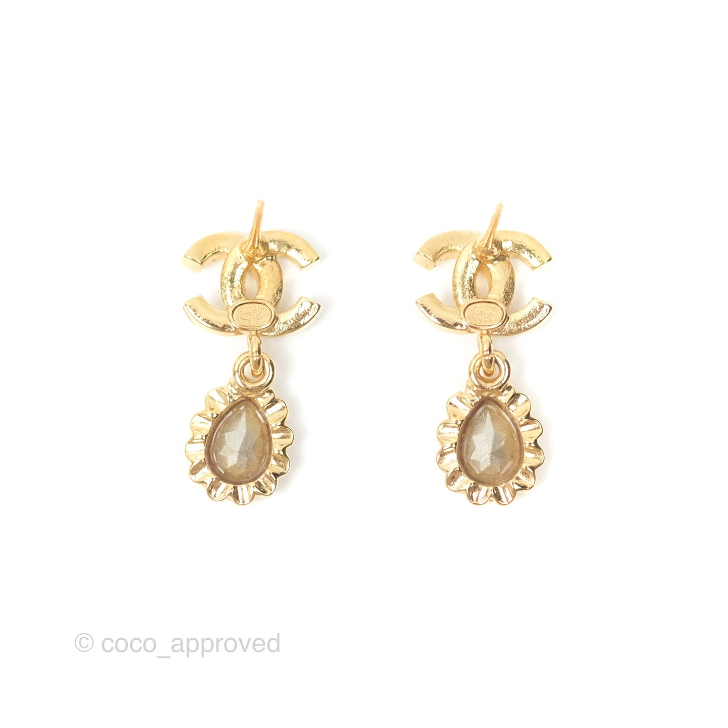 Chanel CC Crystal Pink Tear Resin Drop Earrings Gold Tone 22K