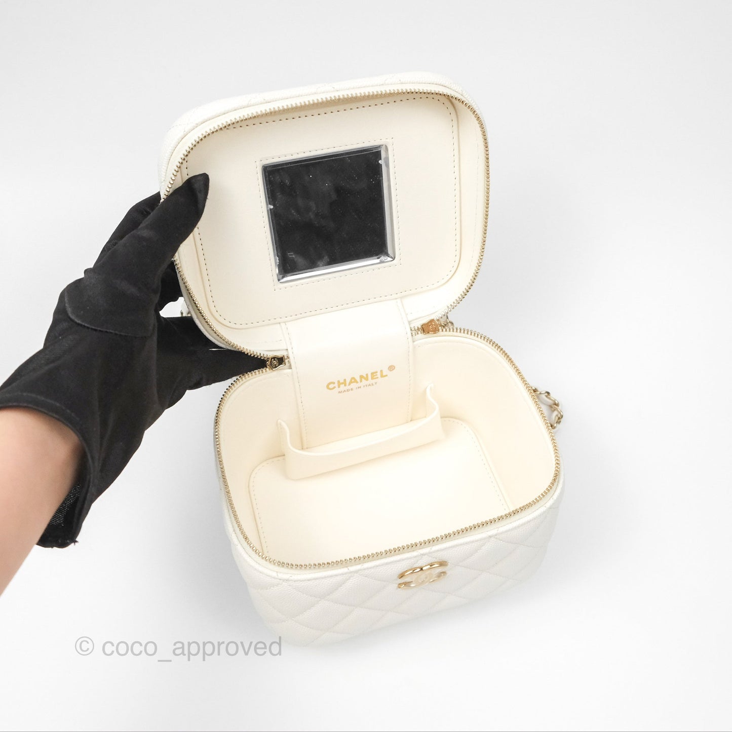 Chanel Quilted Top Handle Vanity Case White Caviar Gold Hardware