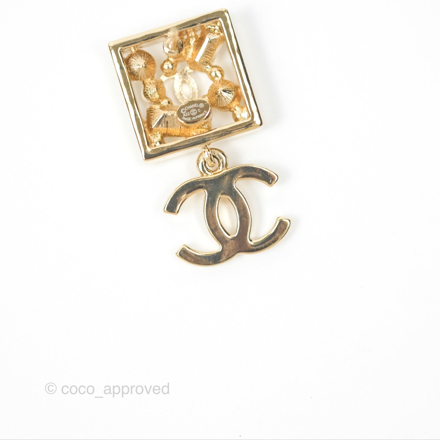 Chanel Square Crystal Pearl CC Drop Earrings Gold Tone 22C