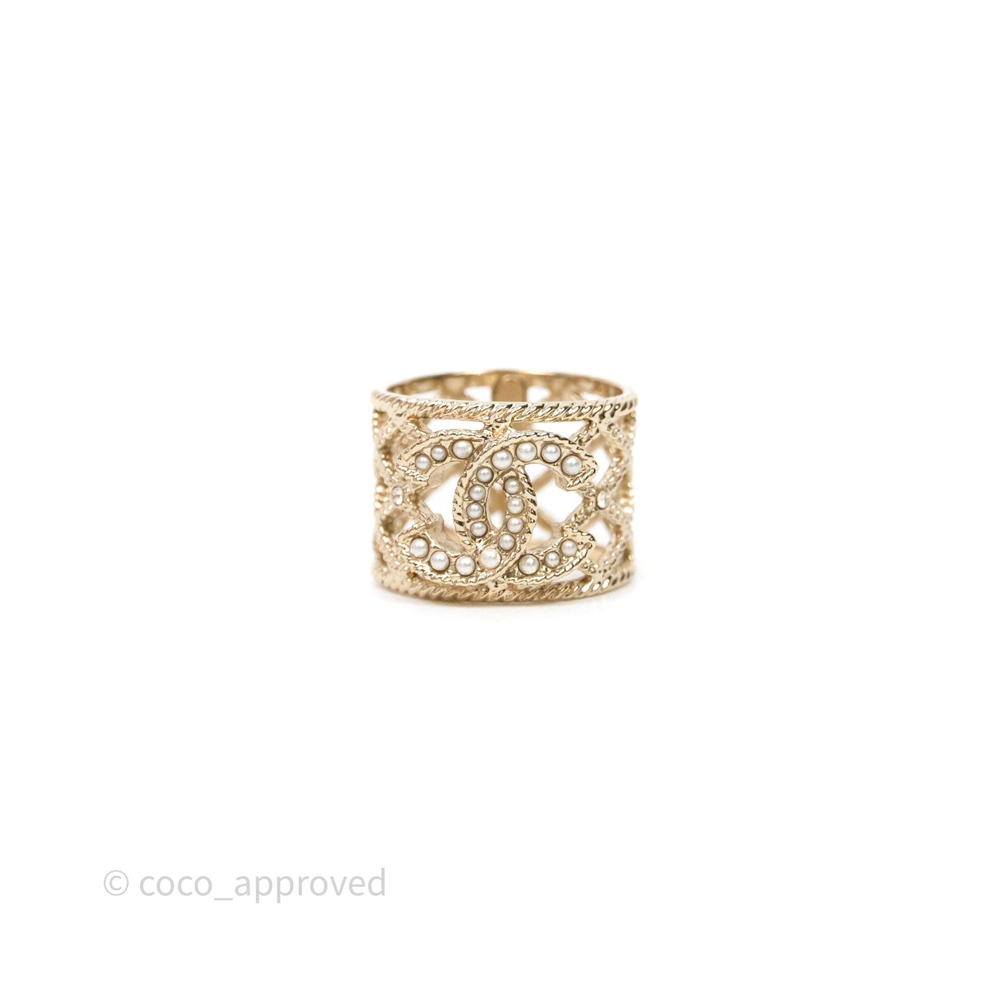Chanel Pearl CC Ring Gold Tone 19C