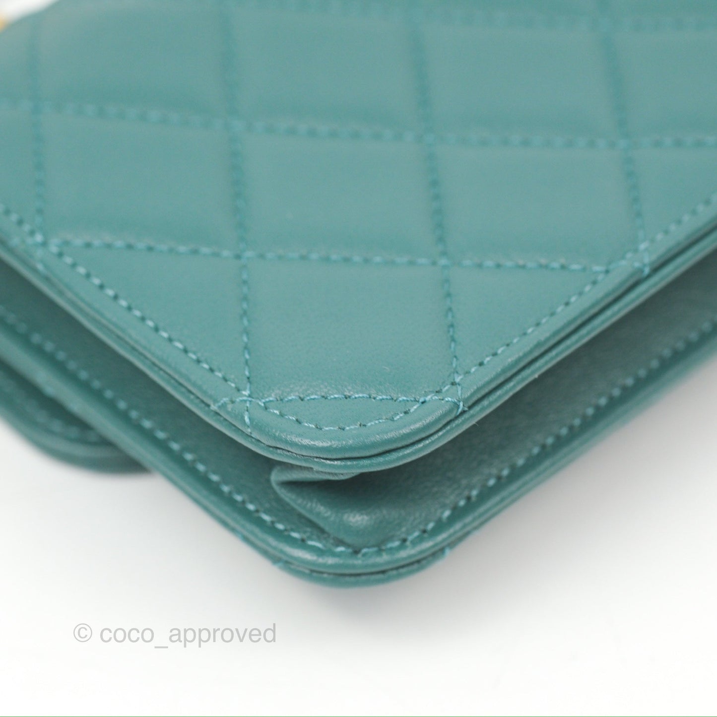 Chanel Mini Handle Flap Coin Purse With Chain Teal Green Lambskin Aged Gold Hardware