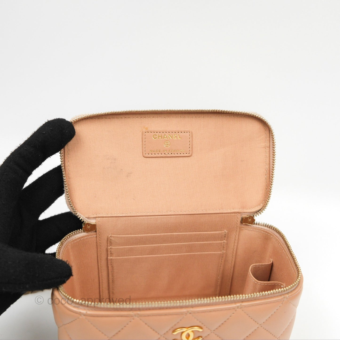 Chanel Vanity Rectangular Top Handle Beige Lambskin Aged Gold Hardware