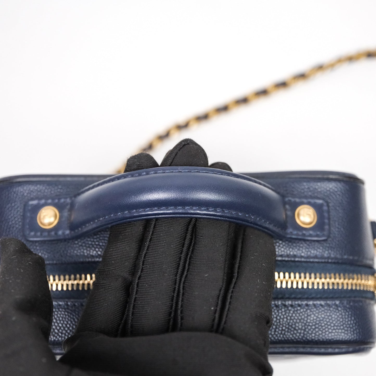 Chanel Quilted Small CC Filigree Vanity Case Navy Caviar Gold Hardware