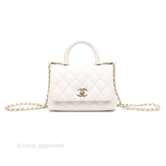 Chanel Mini Coco Handle Quilted White Caviar Gold Hardware