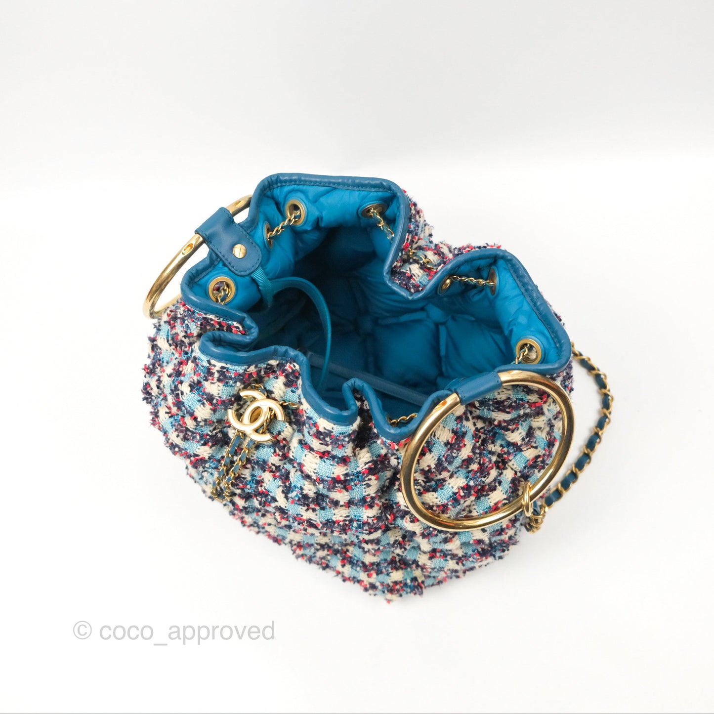 Chanel Cuba Chesterfield Tweed Drawstring Bucket Bag Blue Aged Gold Hardware 17C
