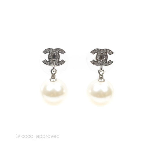 Chanel CC Crystal Pearl Drop Earrings Silver Tone 23V