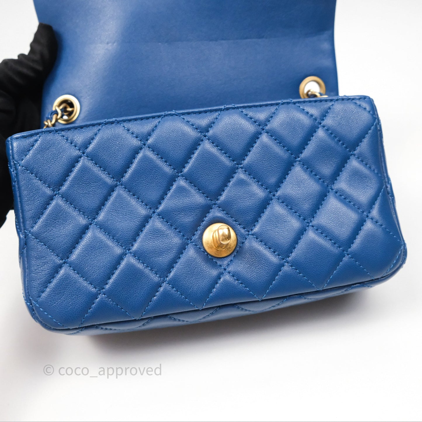 Chanel Mini Rectangular Pearl Crush Blue Lambskin Aged Gold Hardware