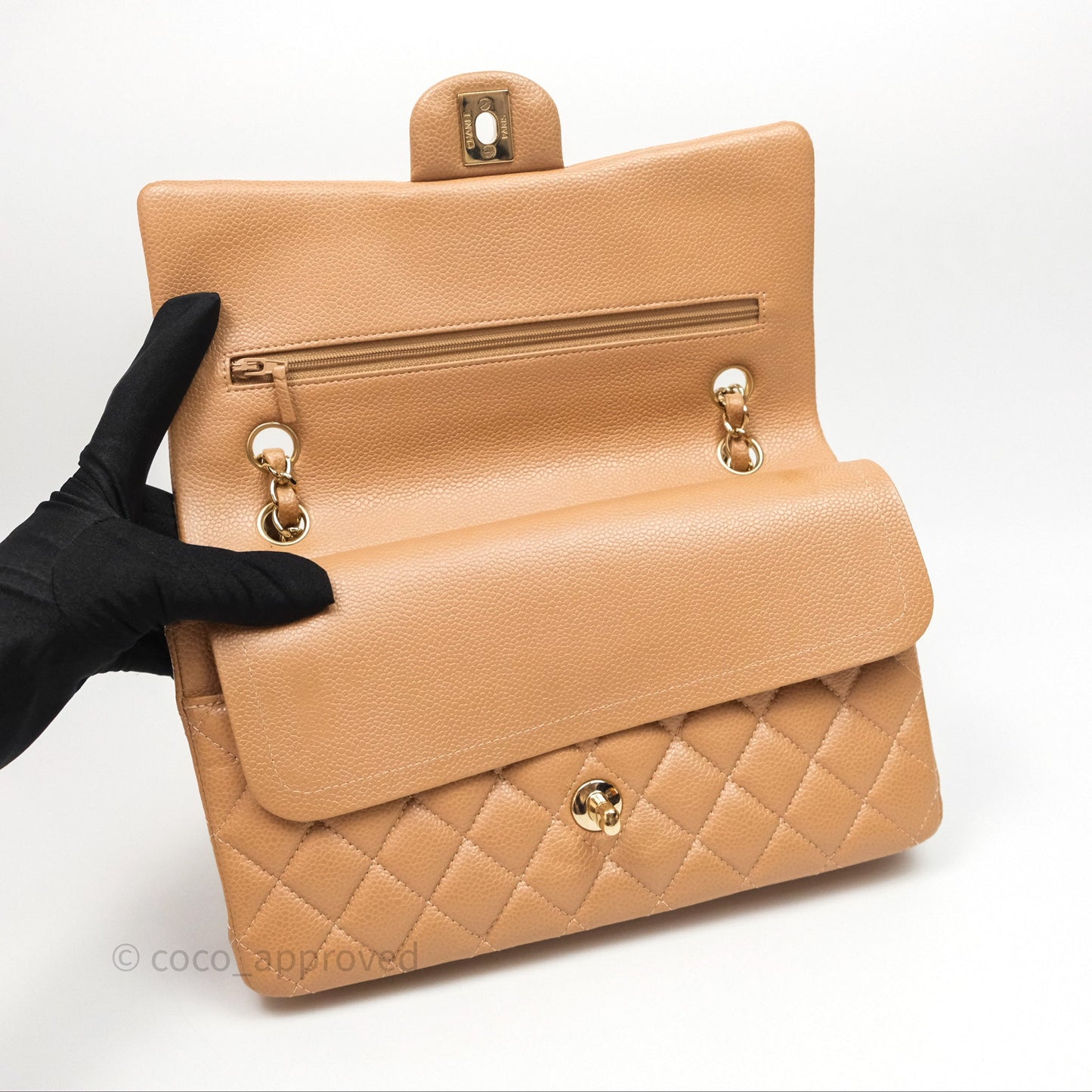 Chanel Classic M/L Medium Flap Quilted Beige Caviar Gold Hardware