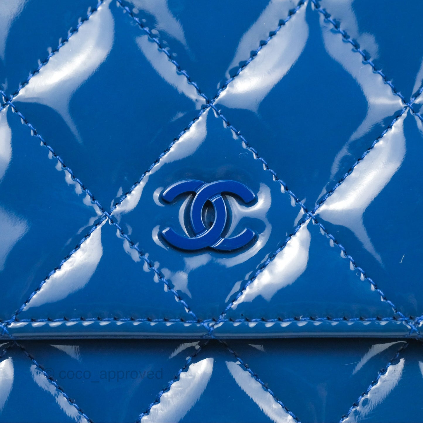 Chanel Quilted Classic Wallet on Chain WOC Blue Patent Silver Hardware