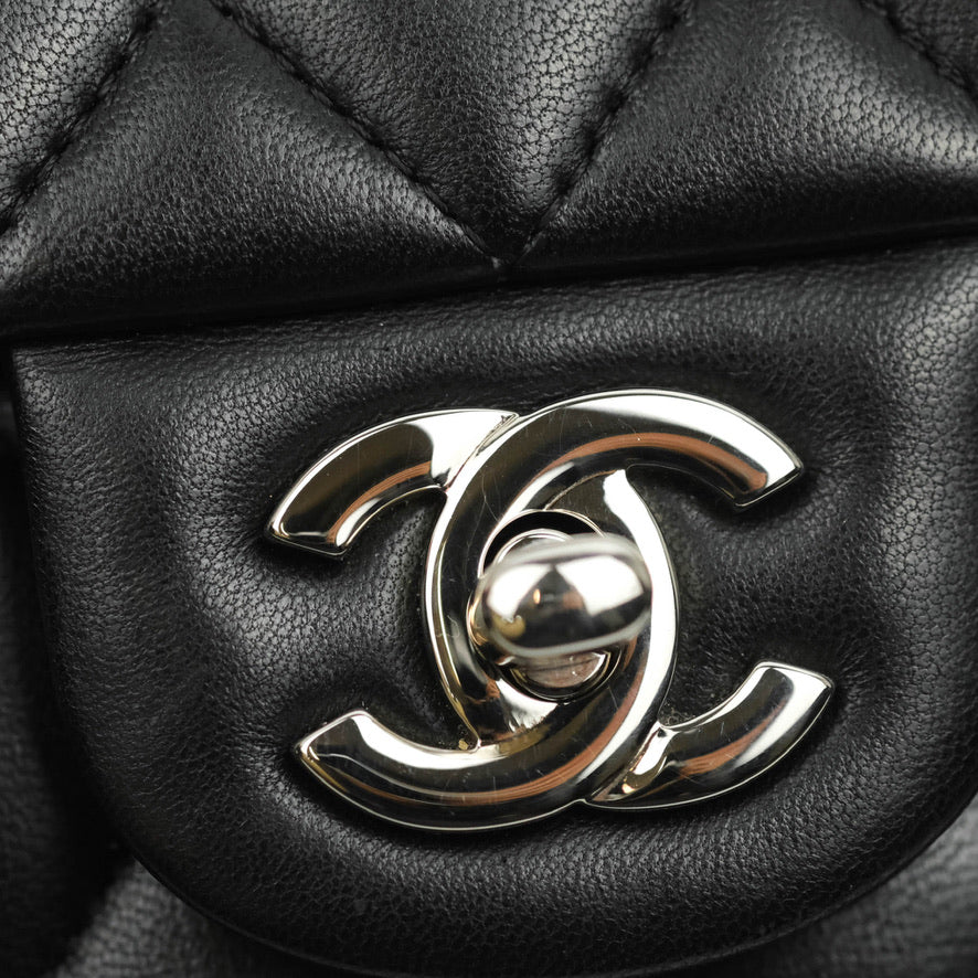 Chanel Classic M/L Medium Double Flap Black Lambskin Silver Hardware