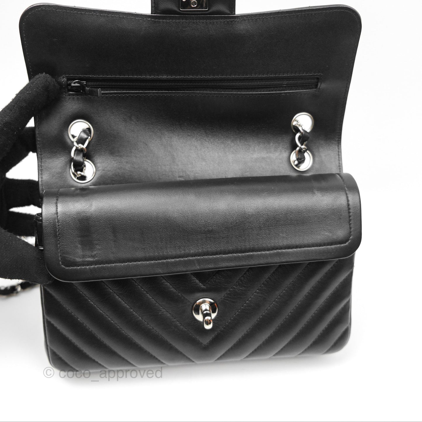 Chanel Small Classic Chevron Flap Black Lambskin Silver Hardware