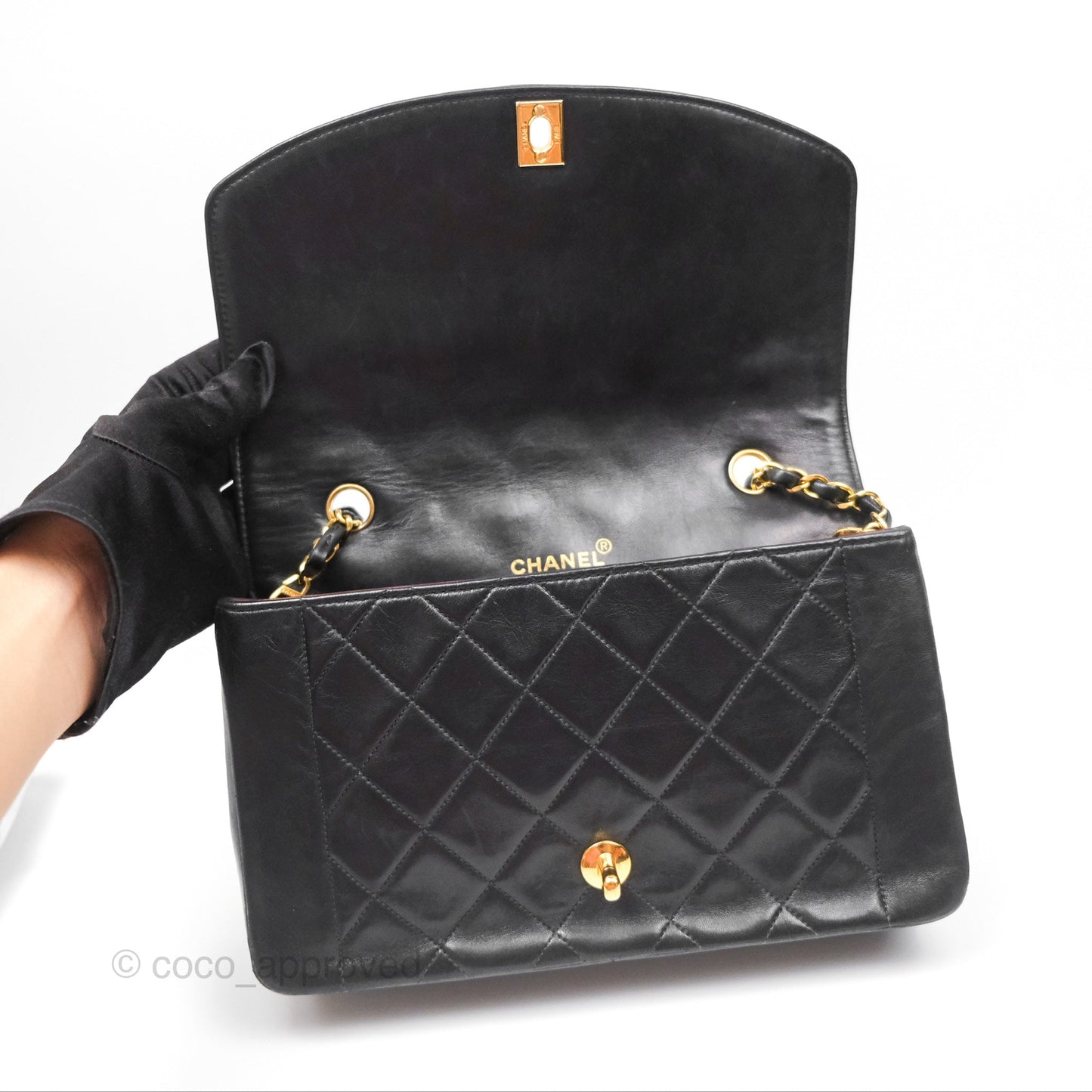 Chanel Vintage Medium Classic Diana Flap Bag Black Lambskin 24K Gold Hardware