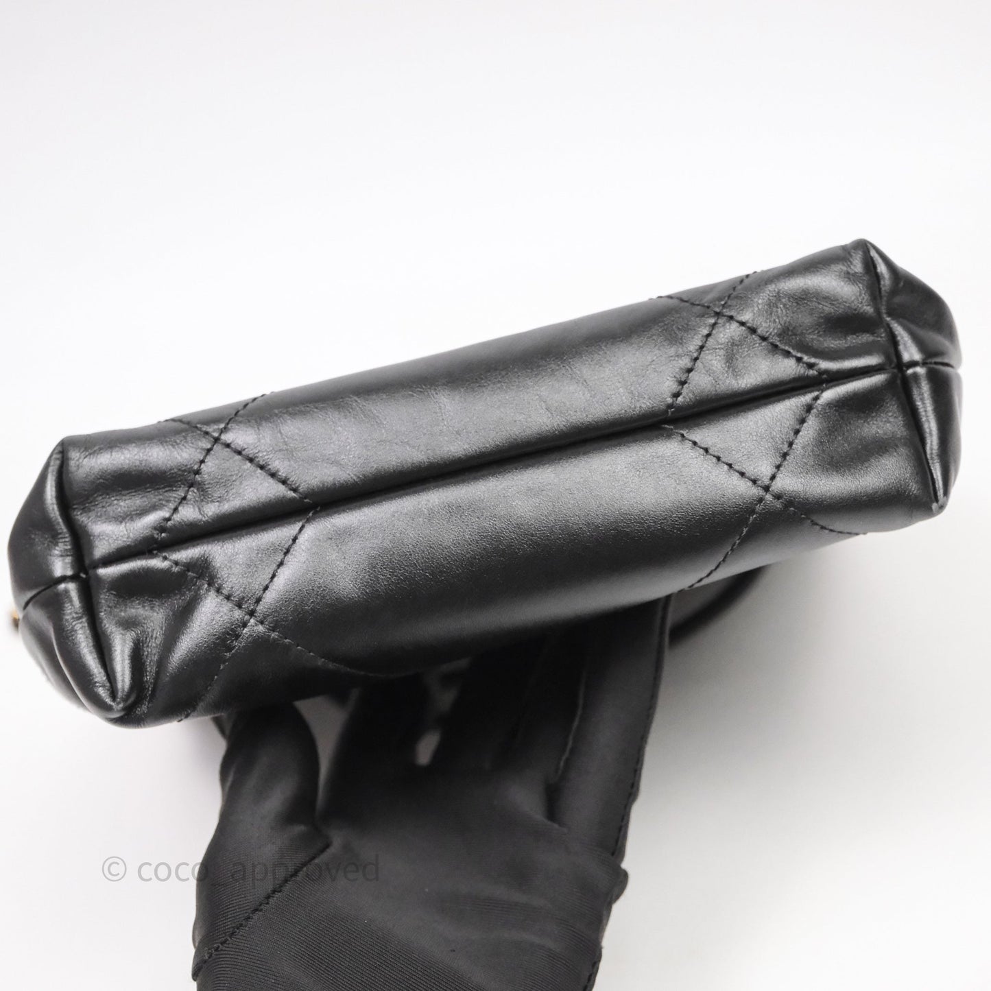 Chanel 22 Mini Bag Black Crumpled Calfskin White Lacquered Metal Logo