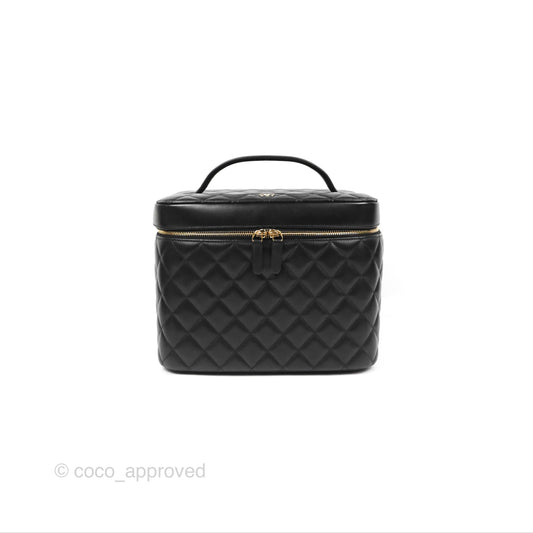 Chanel Classic Cosmetic Vanity Pouch Quilted Black Lambskin Gold Hardware