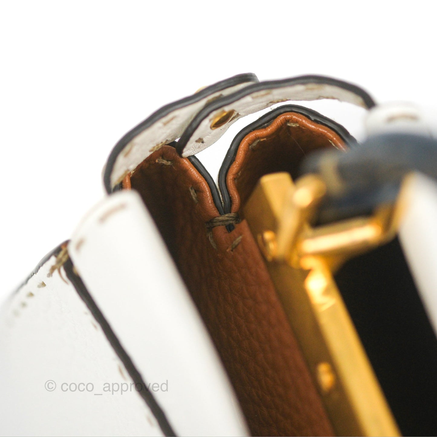 Fendi Mini Peekaboo Bag Contrast Stitch Off White/Navy Grained Leather Gold Hardware