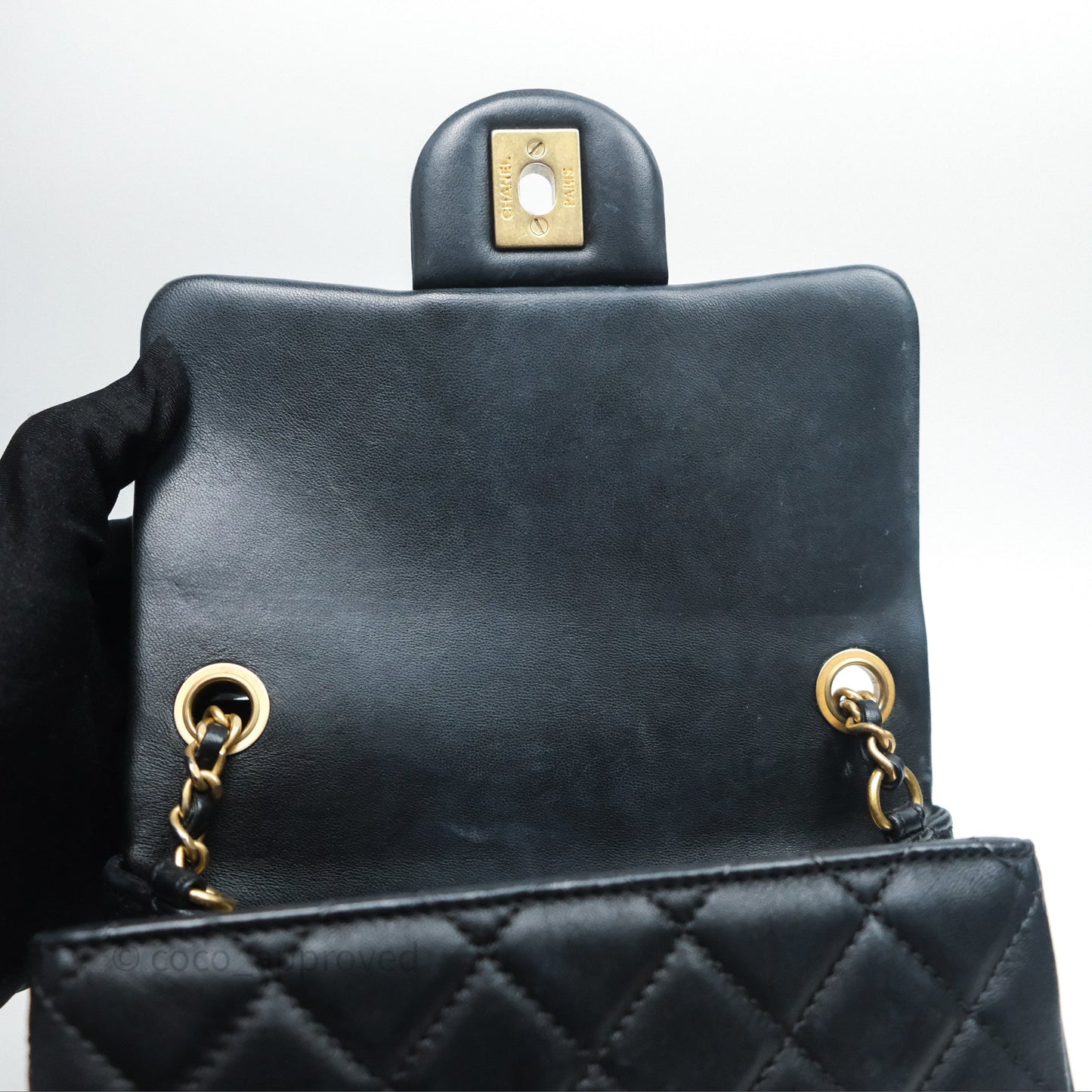 Chanel Pearl Crush Mini Square Quilted Black Lambskin Aged Gold Hardware