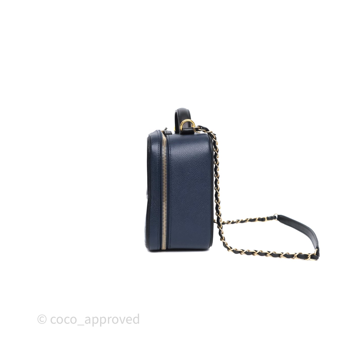 Chanel Quilted Large CC Filigree Vanity Case Navy Black Caviar Aged Gold Hardware