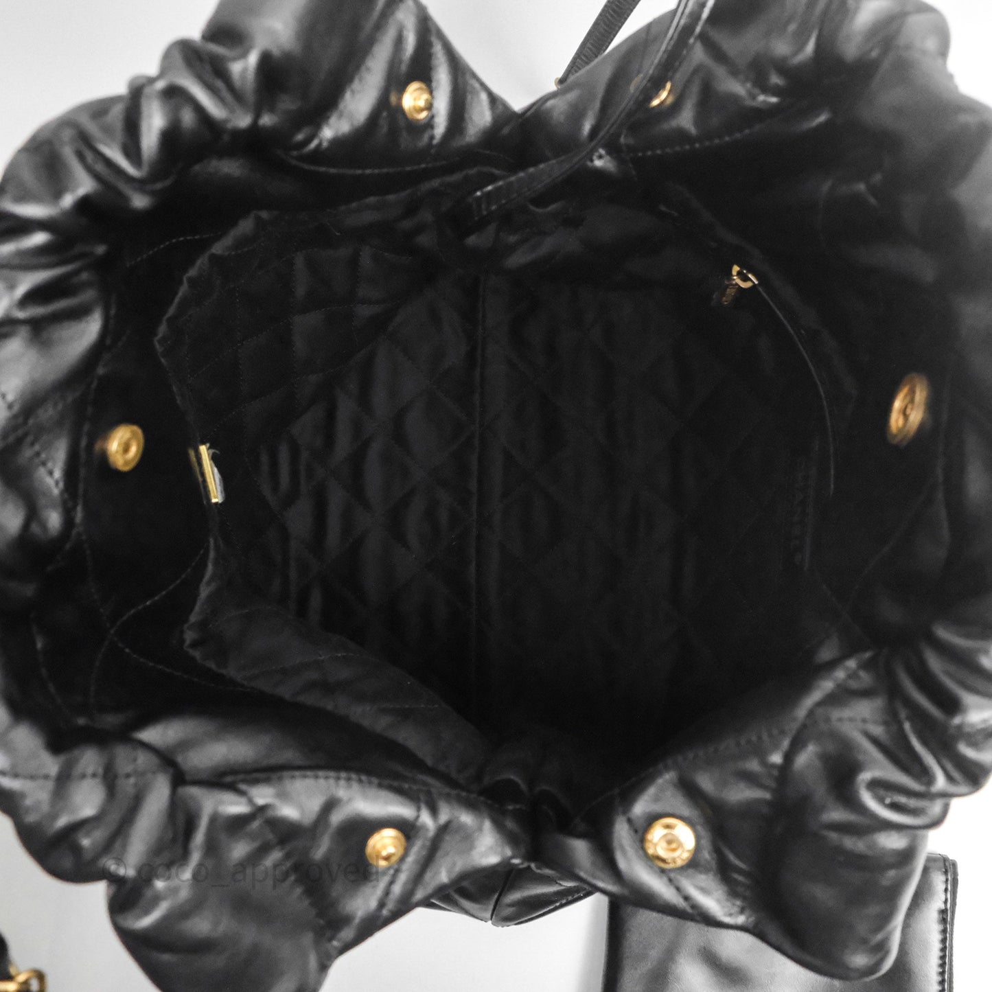 Chanel 22 Bag Small Black Shiny Calfskin Aged Gold Hardware