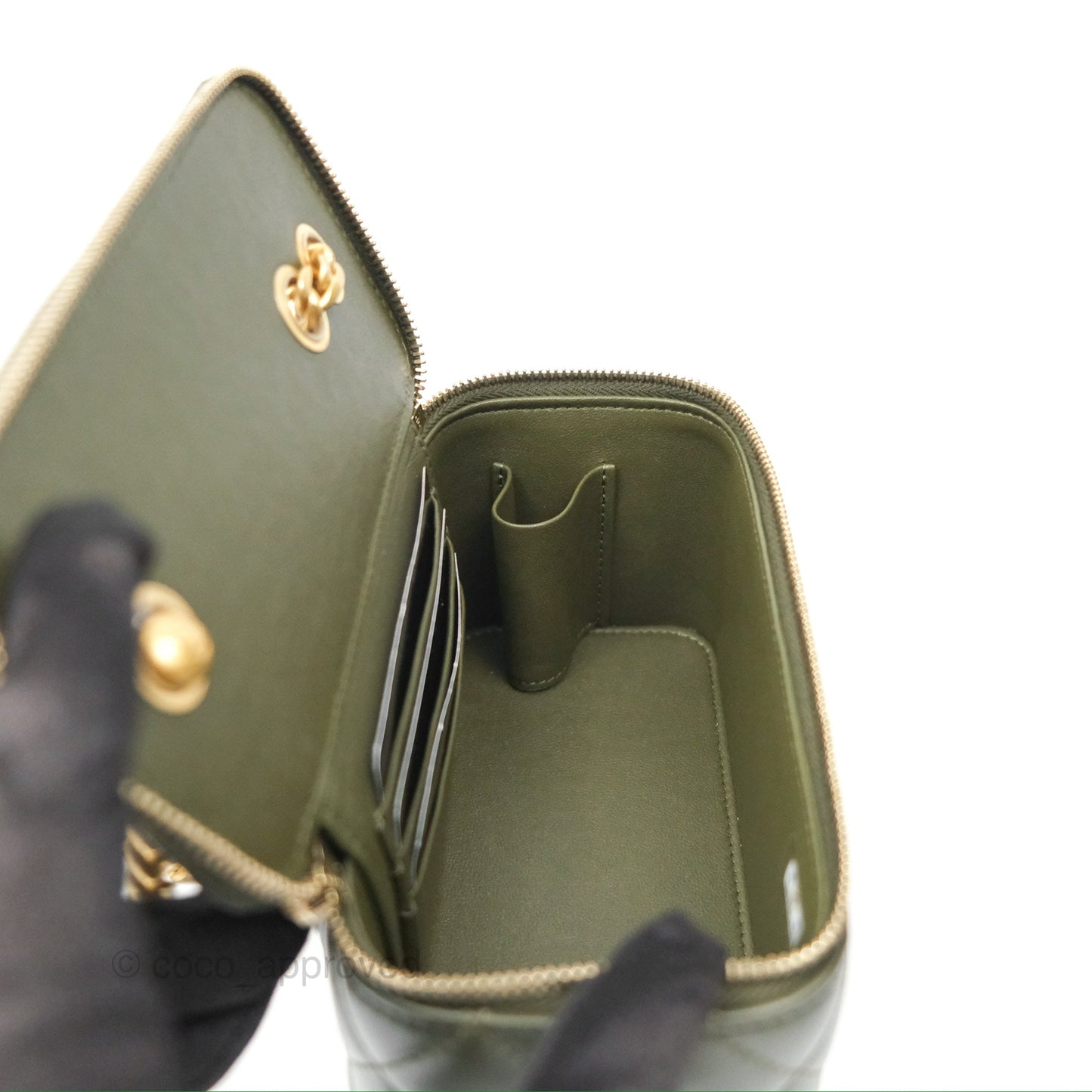 Chanel All Slide Vanity with Adjustable Chain Dark Olive Green Lambskin Aged Gold Hardware