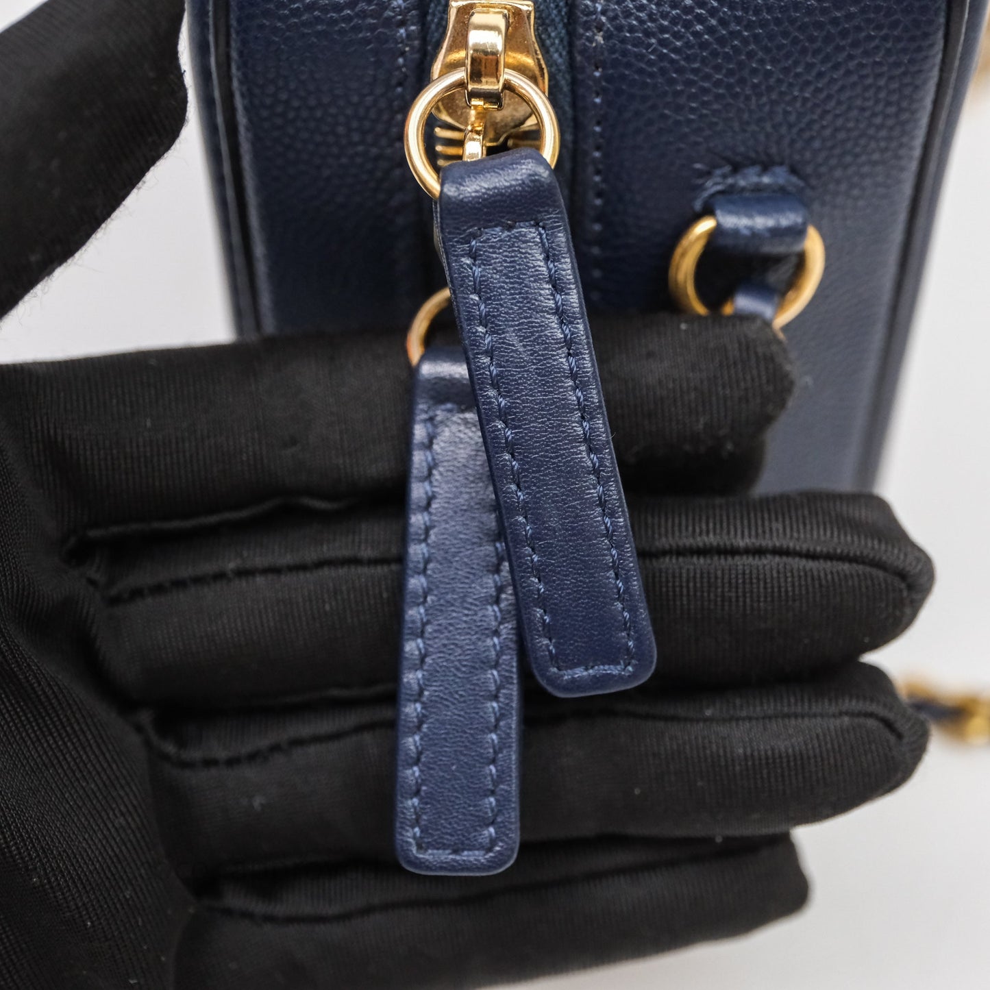 Chanel Quilted Small CC Filigree Vanity Case Navy Caviar Gold Hardware