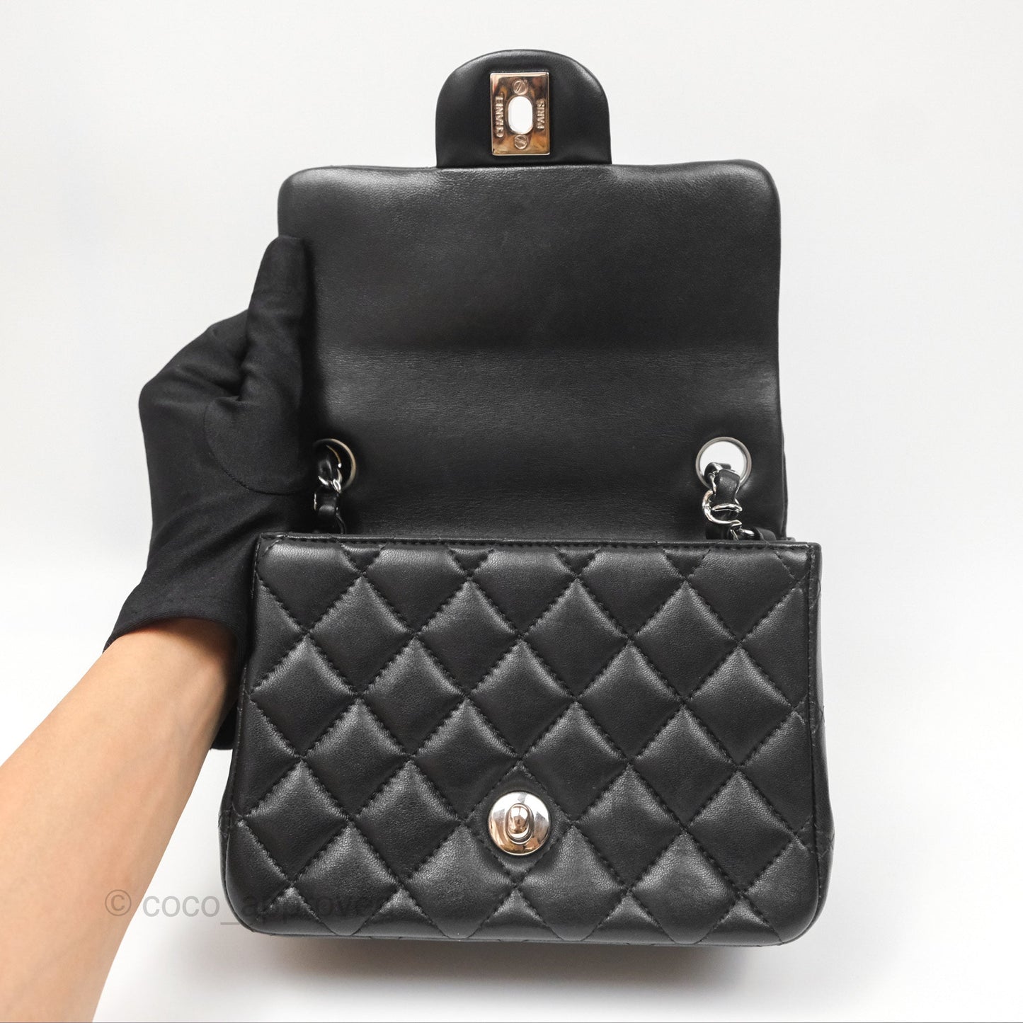 Chanel Mini Square Flap Quilted Black Lambskin Silver Hardware