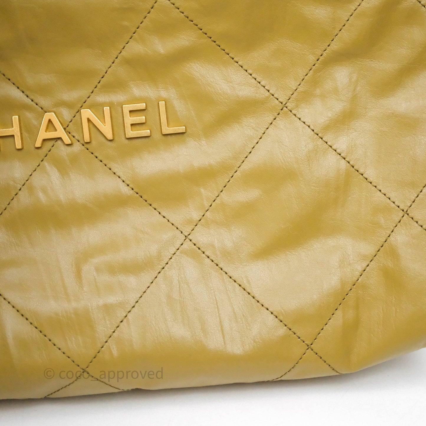 Chanel 22 Bag Medium Crumpled Olive Green Calfskin Aged Gold Hardware