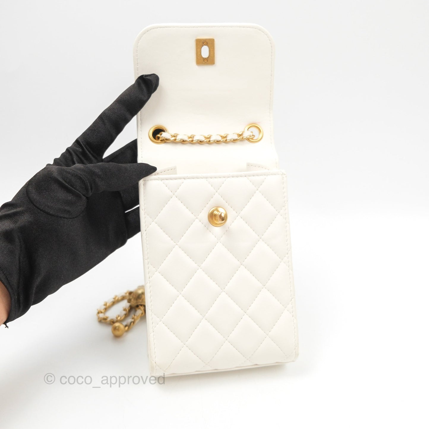 Chanel Quilted Pearl Crush Phone Holder With Chain White Lambskin