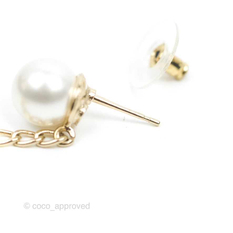Chanel Pearl Chain Crystal CC Drop Earrings Gold Tone 20B