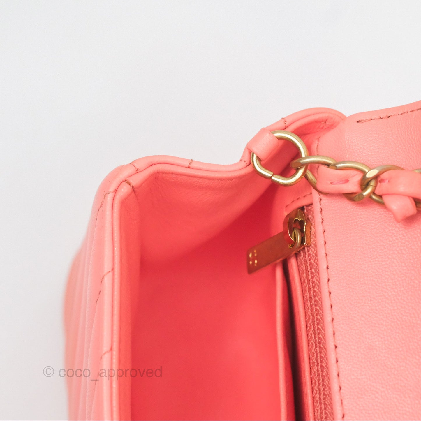 Chanel Chevron Mini Rectangular Flap Peach Pink Lambskin Aged Gold Hardware