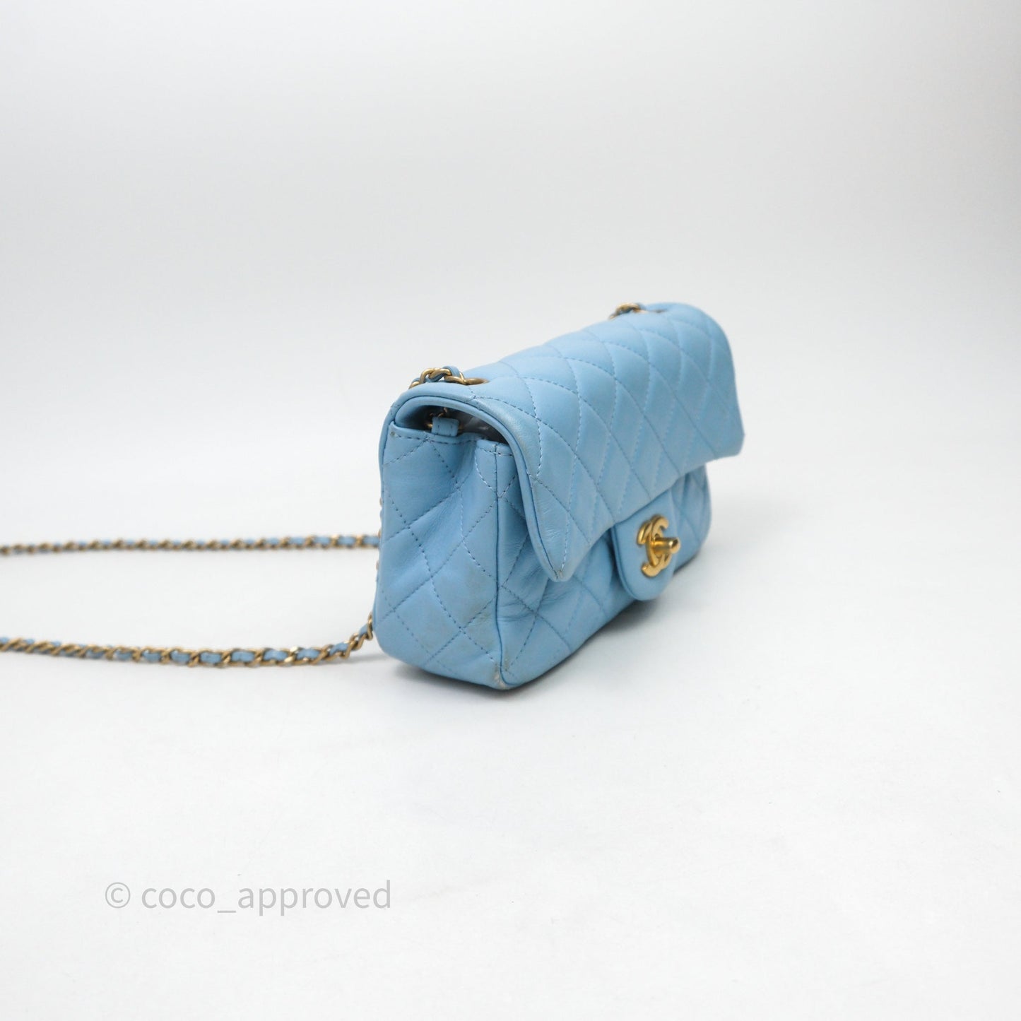 Chanel Mini Rectangular Pearl Crush Quilted Blue Lambskin Aged Gold Hardware