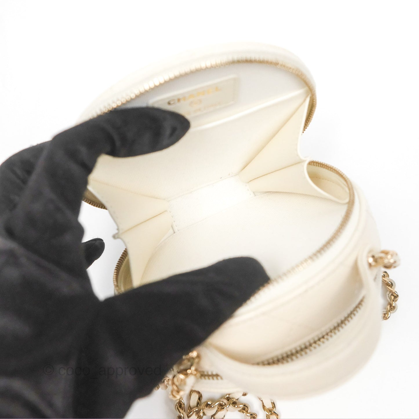 Chanel Mini Round Vanity Bag Handle With Care Ivory Caviar