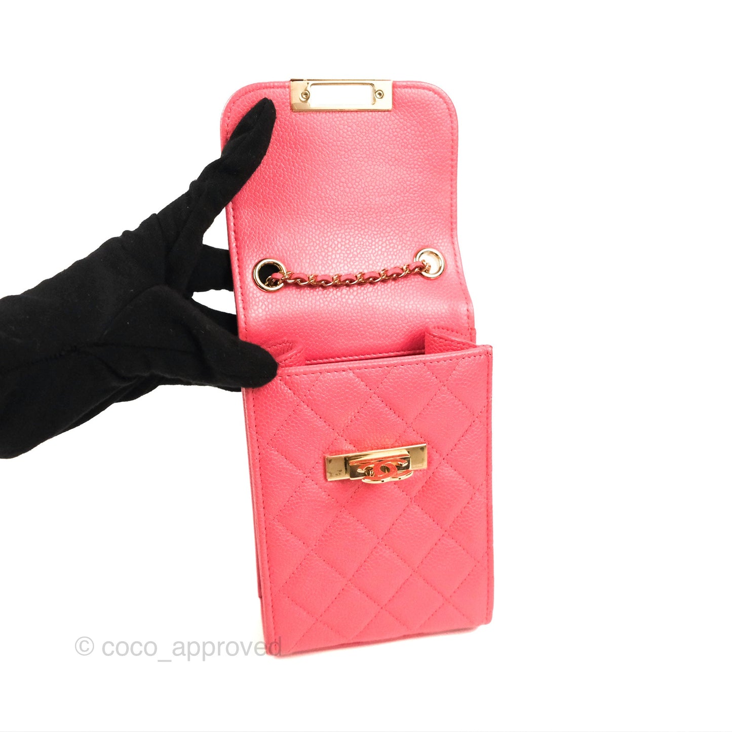 Chanel Golden Class Phone Holder With Chain Pink Caviar Gold Hardware