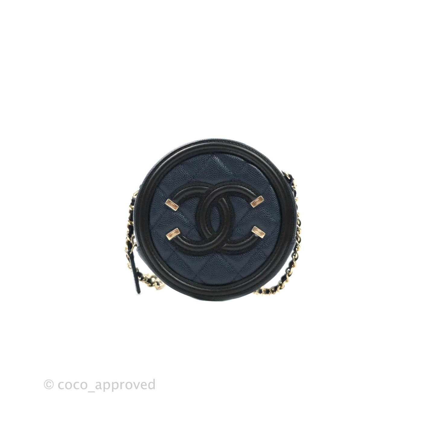Chanel Quilted Round Filigree Clutch With Chain Navy Black Caviar Gold Hardware