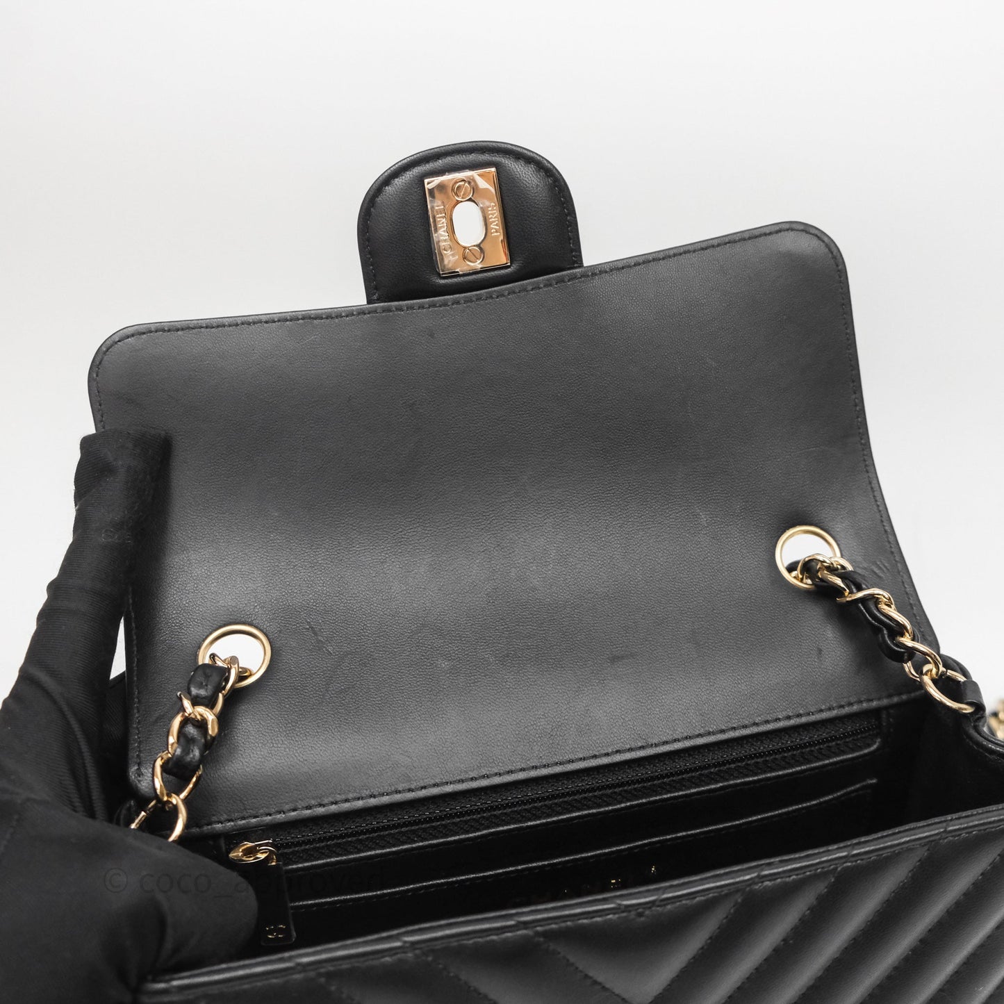Chanel Quilted Mini Rectangular Chevron Black Lambskin Gold Hardware