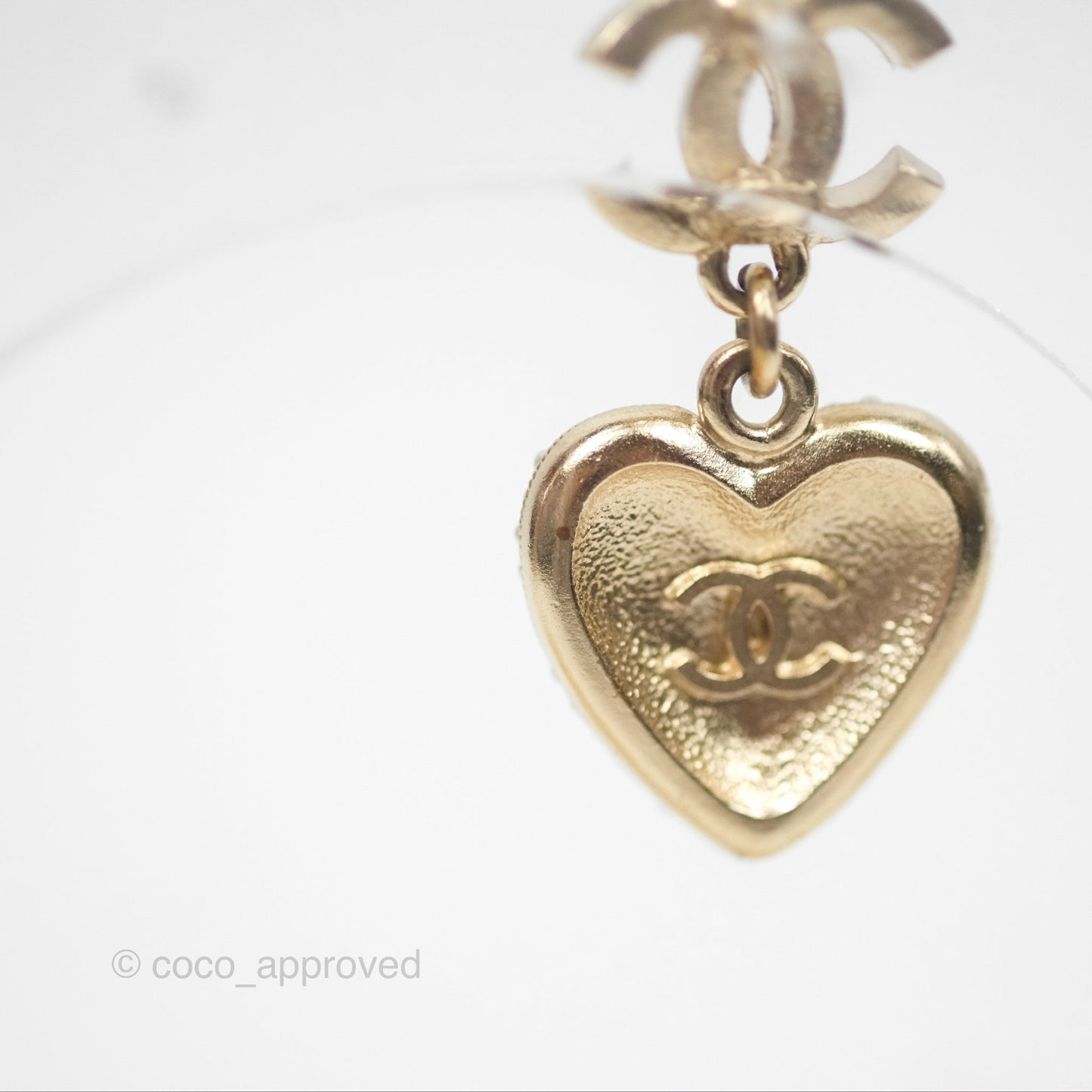Chanel Crystal CC Pearl Heart Drop Earrings Gold Tone 23V