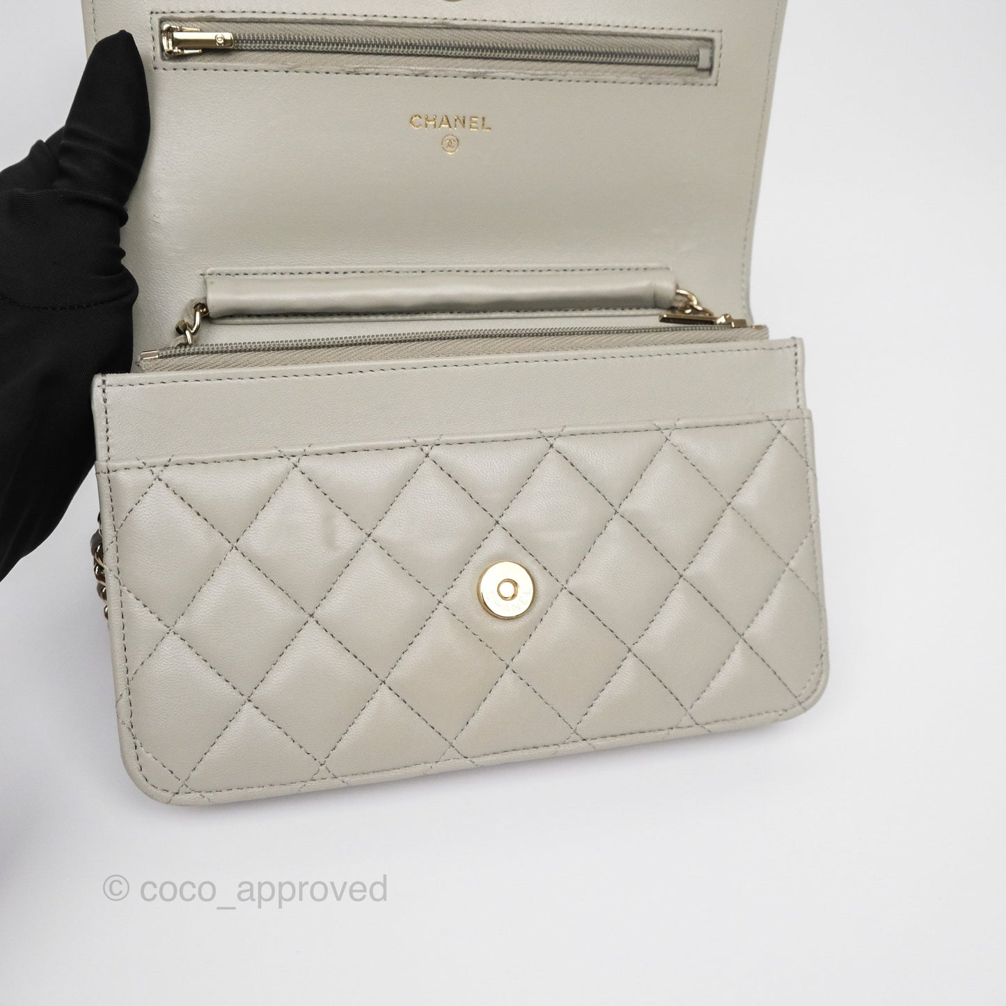 Chanel Classic Quilted Wallet on Chain WOC Light Grey Lambskin Gold Hardware