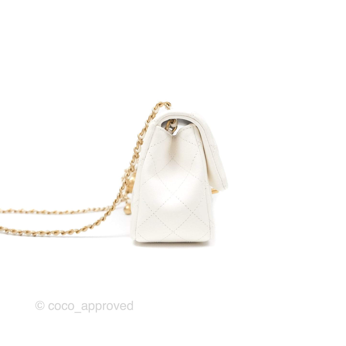 Chanel Mini Rectangular Pearl Crush Quilted White Lambskin Aged Gold Hardware