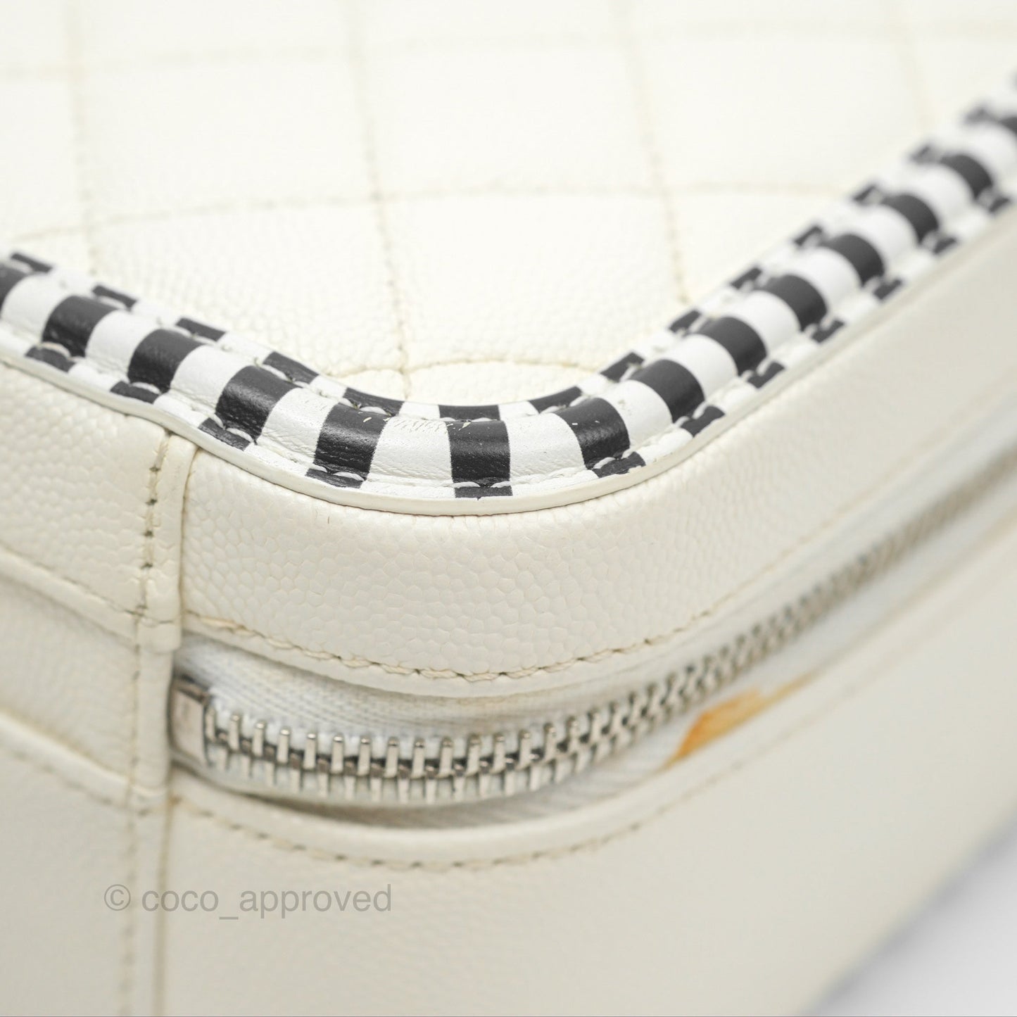 Chanel Quilted Medium CC Filigree Vanity Case White Black Stripe Caviar Silver Hardware