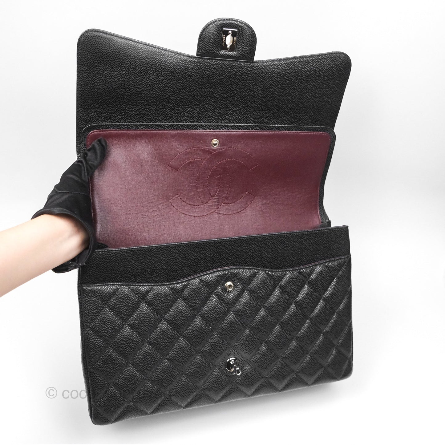 Chanel Quilted Maxi Double Flap Black Caviar Silver Hardware