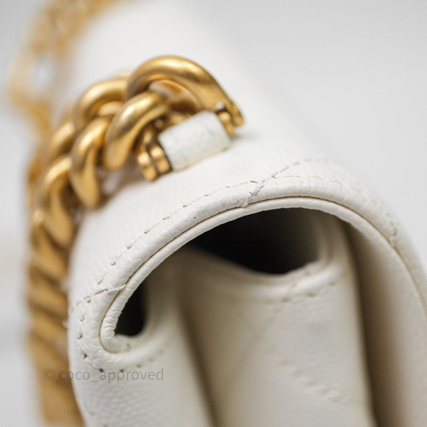 Chanel Bracelet On Chain Small Flap Bag White Caviar Aged Gold Hardware