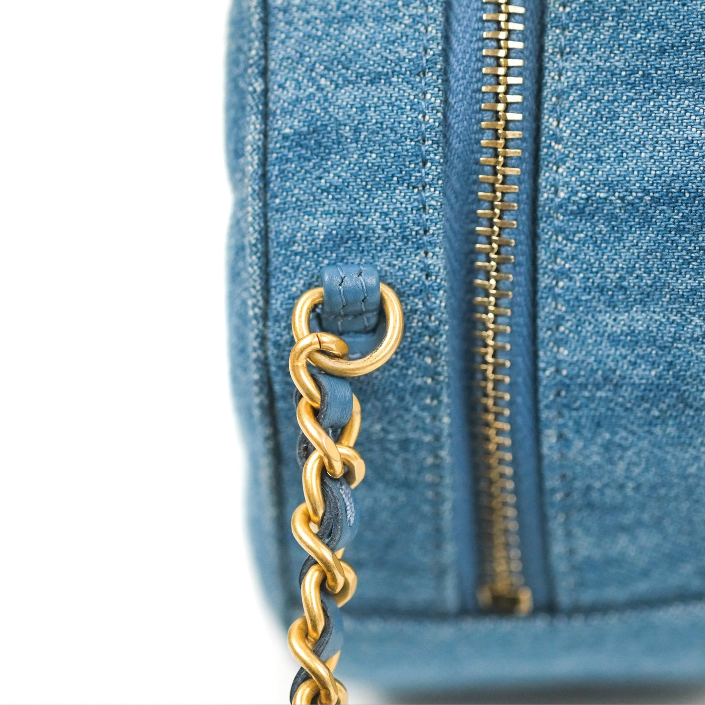 Chanel Quilted Pearl Crush Round Clutch With Chain Denim Aged Gold Hardware