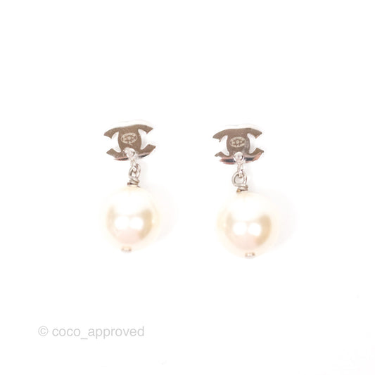 Chanel Crystal CC Pearl Drop Earrings Silver Tone 21V