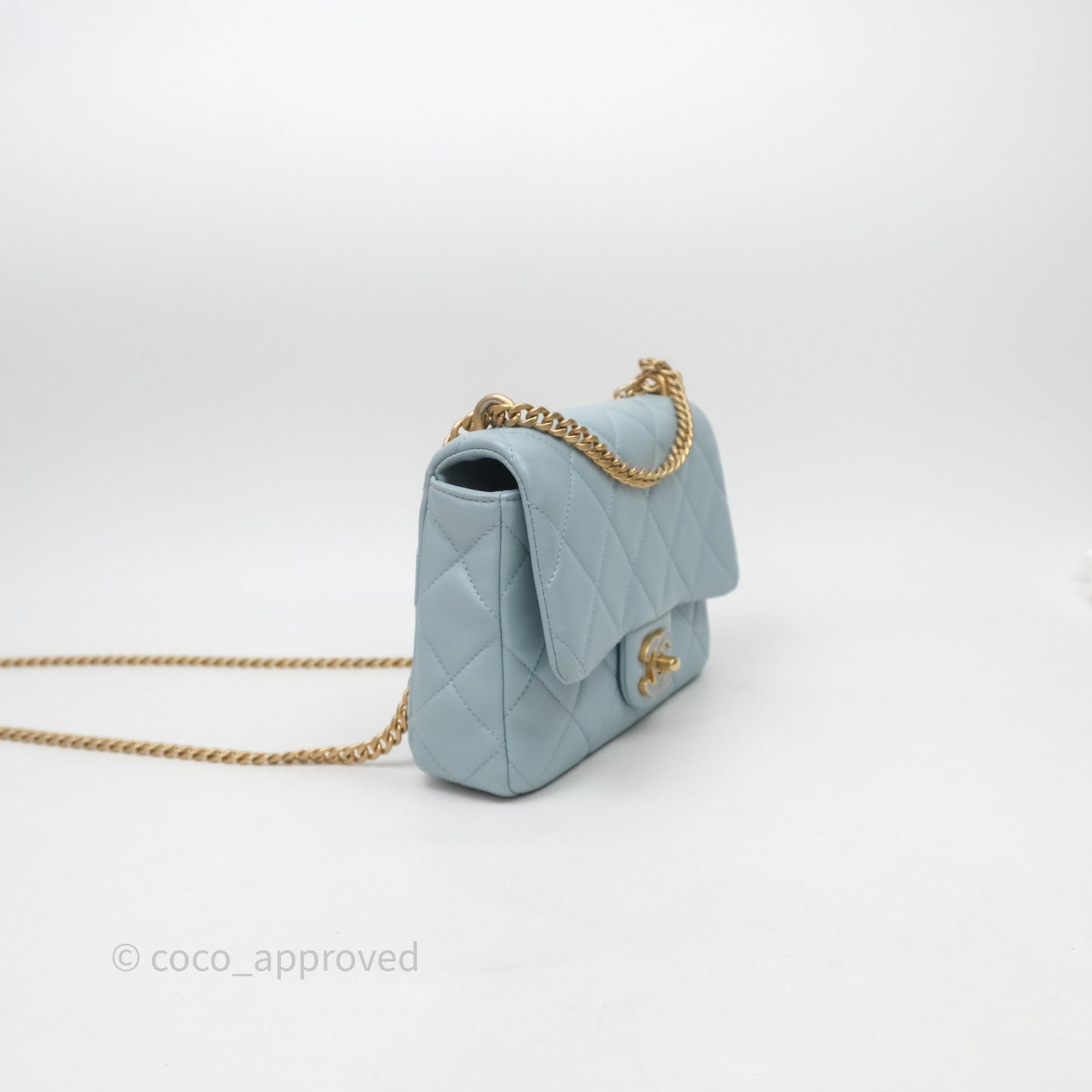 Chanel Quilted Enamel Pending CC Small Square Flap Baby Blue Lambskin