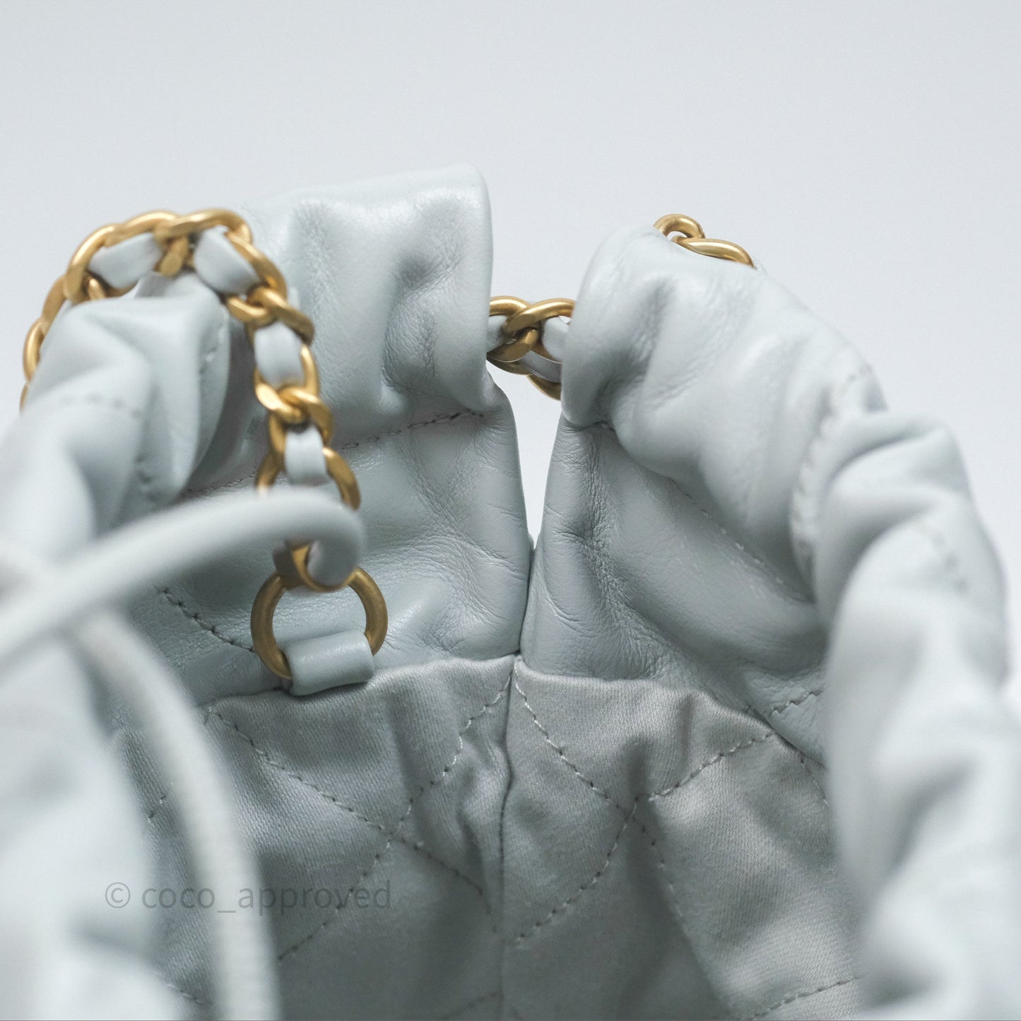 Chanel 22 Mini Bag Blue Grey Shiny Crumpled Calfskin Aged Gold Hardware