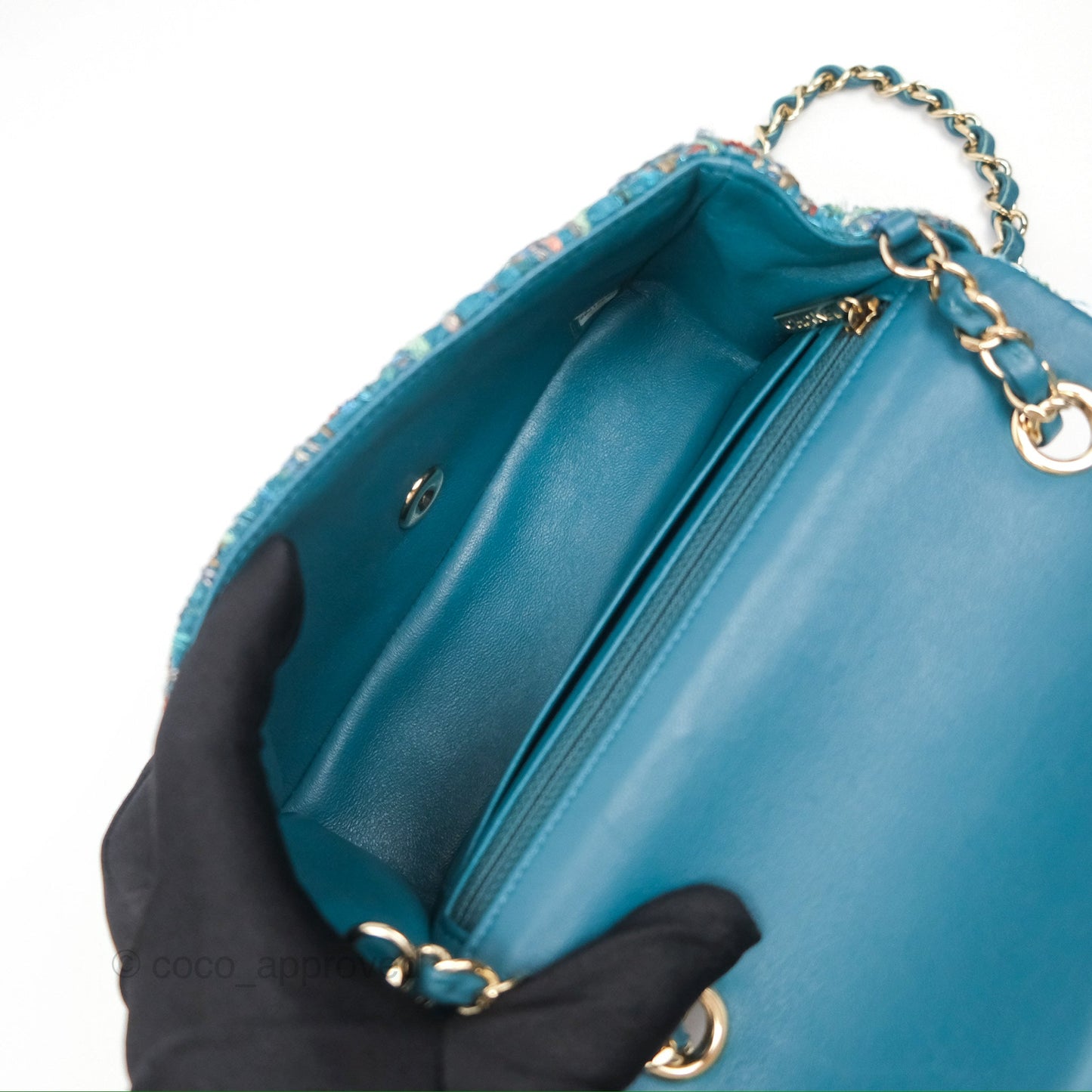 Chanel Mini Rectangular Flap Teal Tweed Gold Hardware