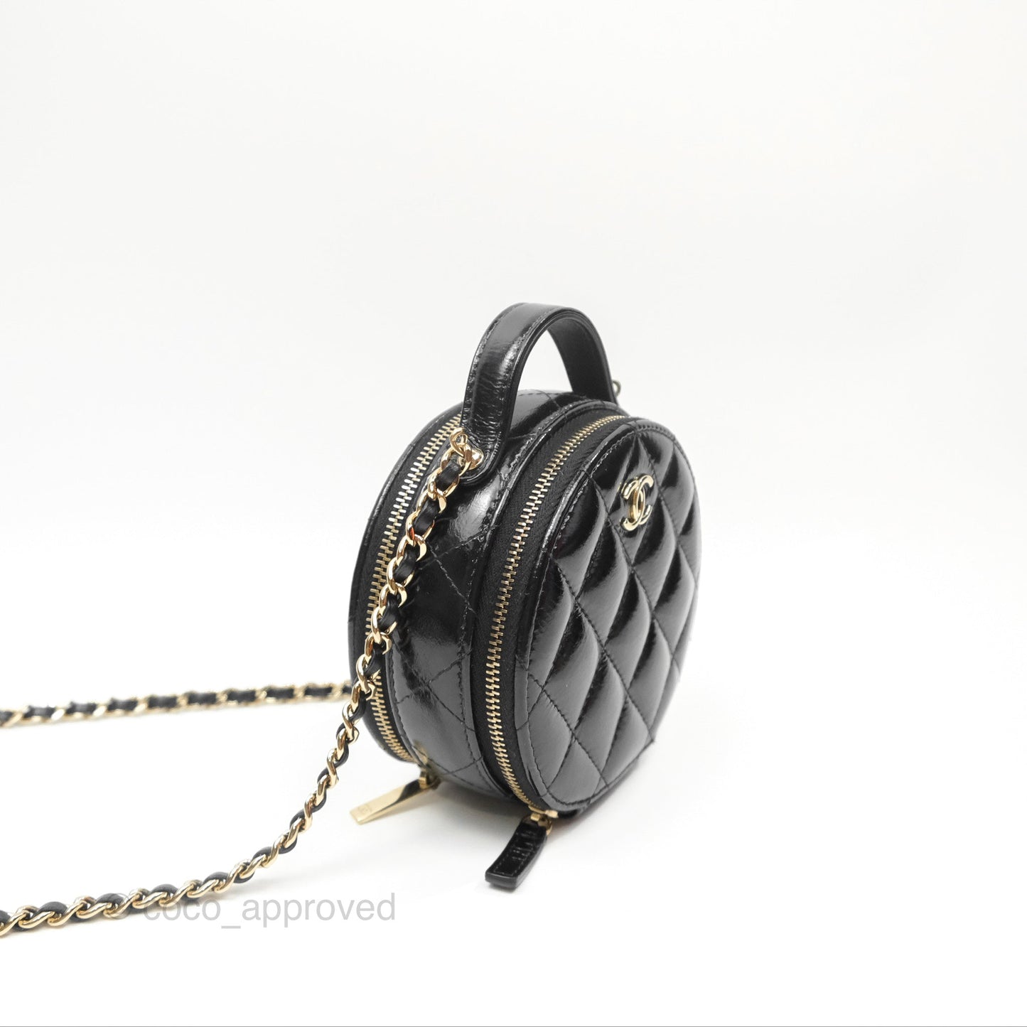 Chanel Mini Round Vanity Bag Handle With Care Black Glazed Lambskin 22C