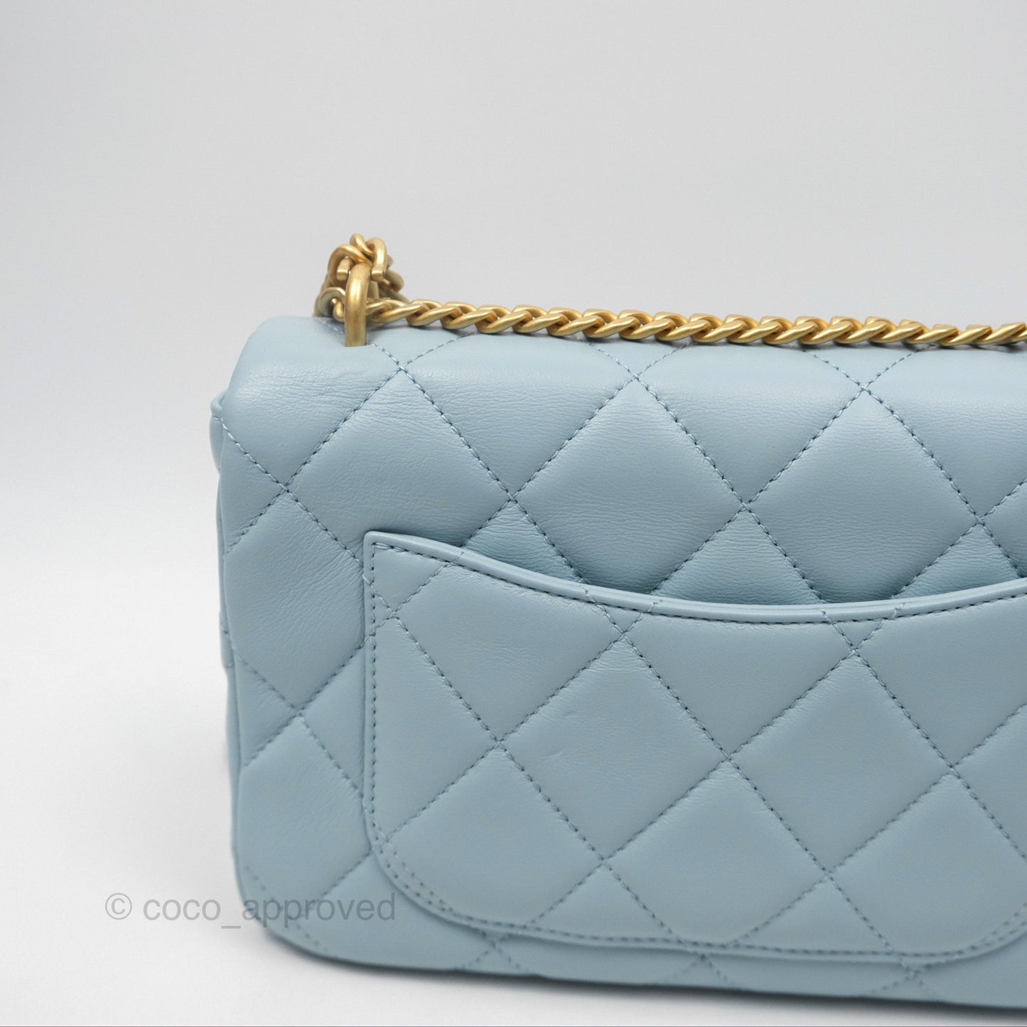 Chanel Quilted Enamel Pending CC Small Square Flap Baby Blue Lambskin 22P
