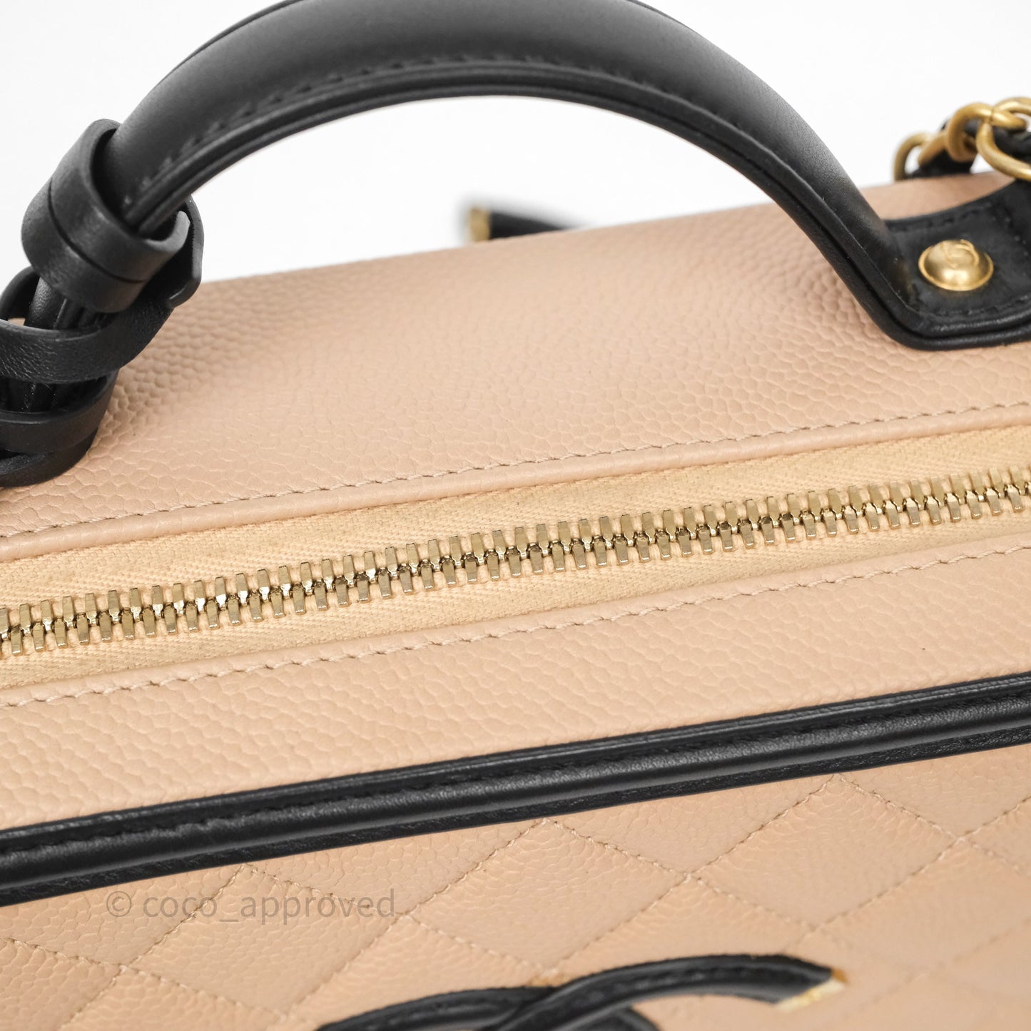 Chanel Quilted Medium CC Filigree Vanity Case Beige Black Caviar Aged Gold Hardware